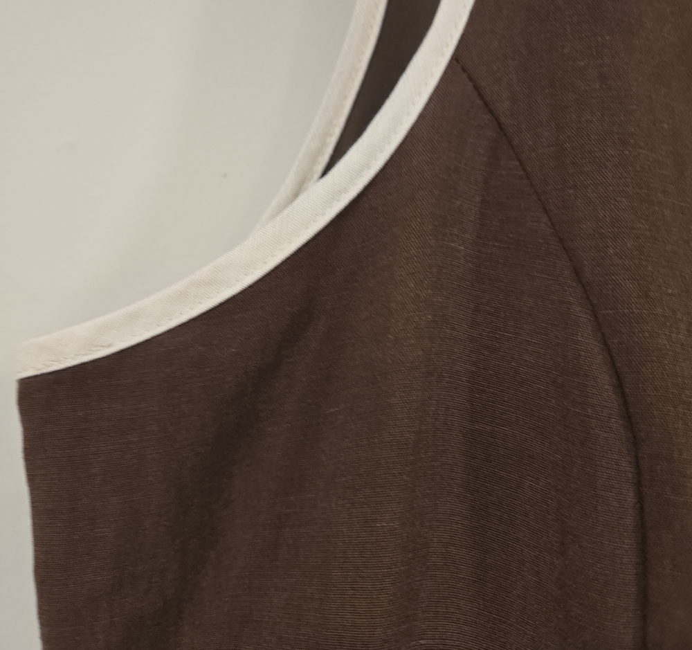 Sleeveless Chocolate Brown Wrap-Front Midi Dress with White Piping - Picture 6 of 7